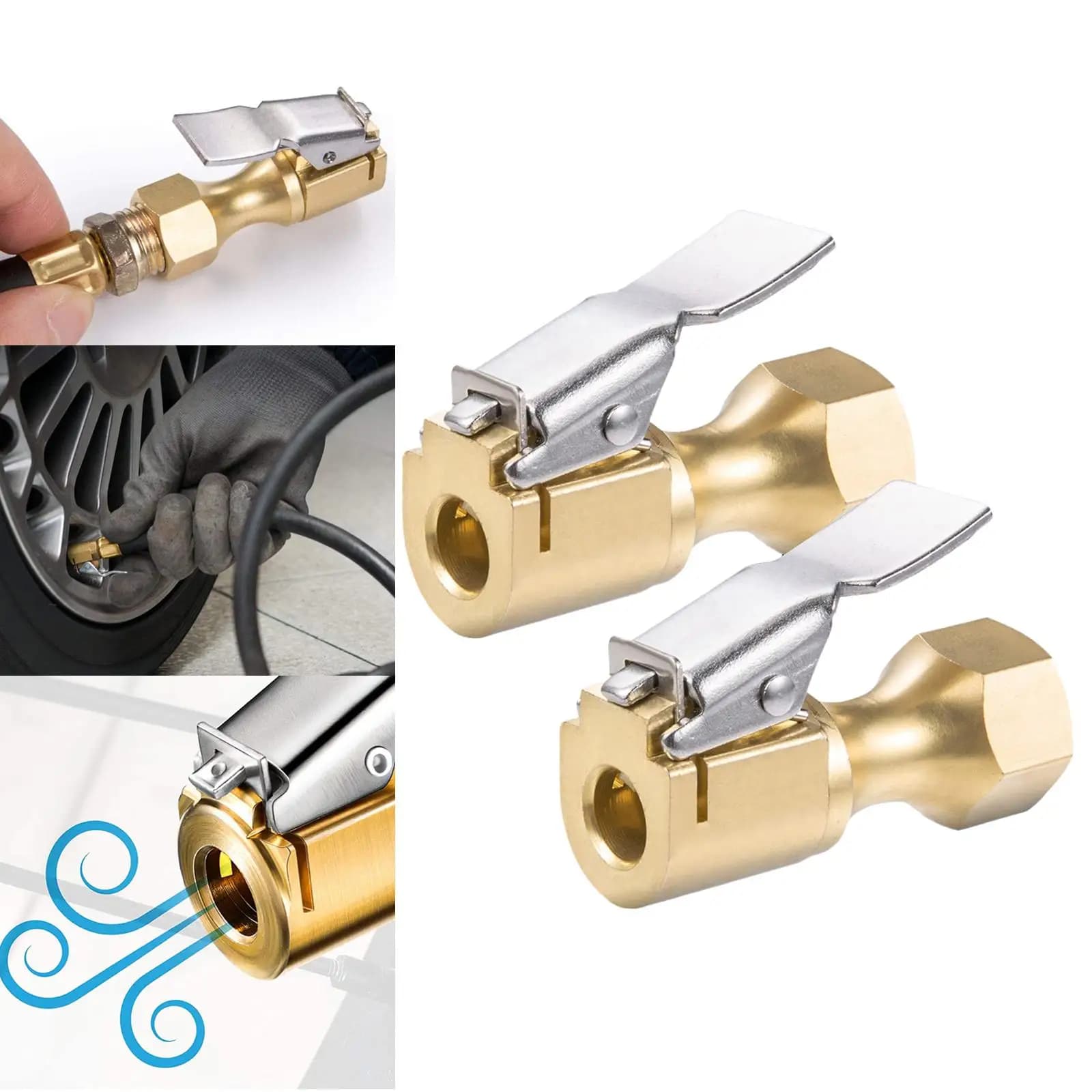 Mandrino dell'aria per pneumatici con serratura per auto da 2 pezzi con clip valvola per pneumatici per carichi pesanti in ottone 1/4 NPT clip per pompa dell'aria misuratore di gonfiaggio flusso chiuso
