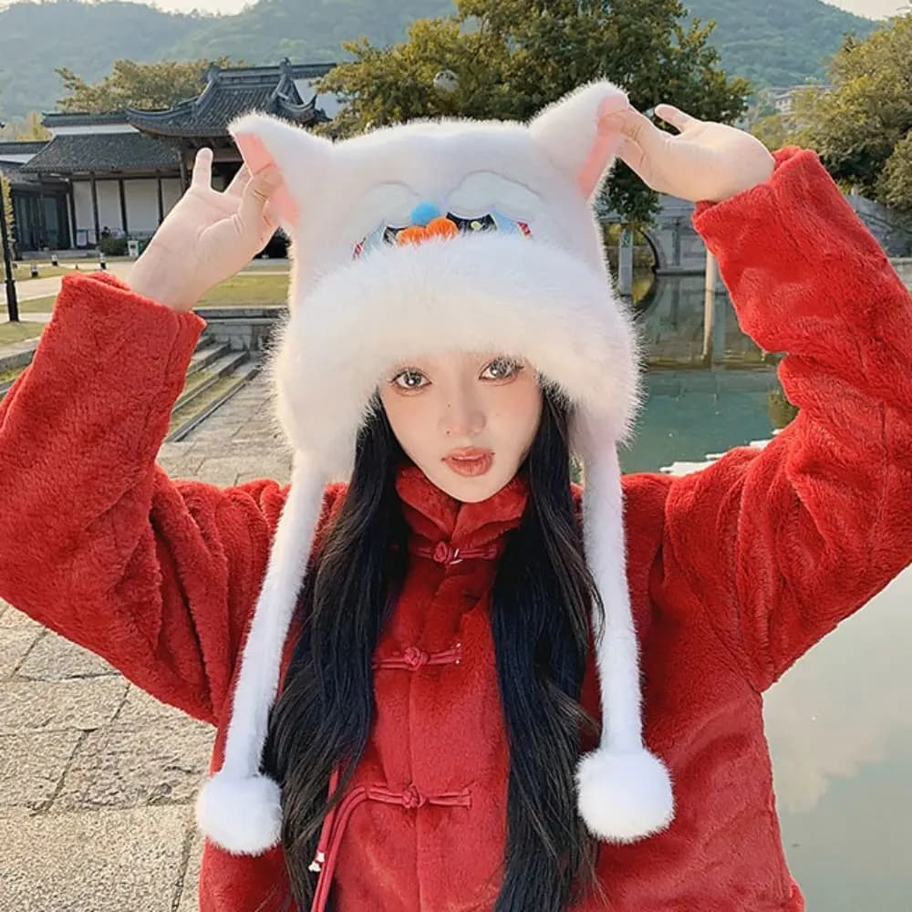 Ear Muffs Lion Dance Beanies Hat Tassels Thickened Winter Warm Hat Soft Chinese style New Year Pullover Cap Female/Girls