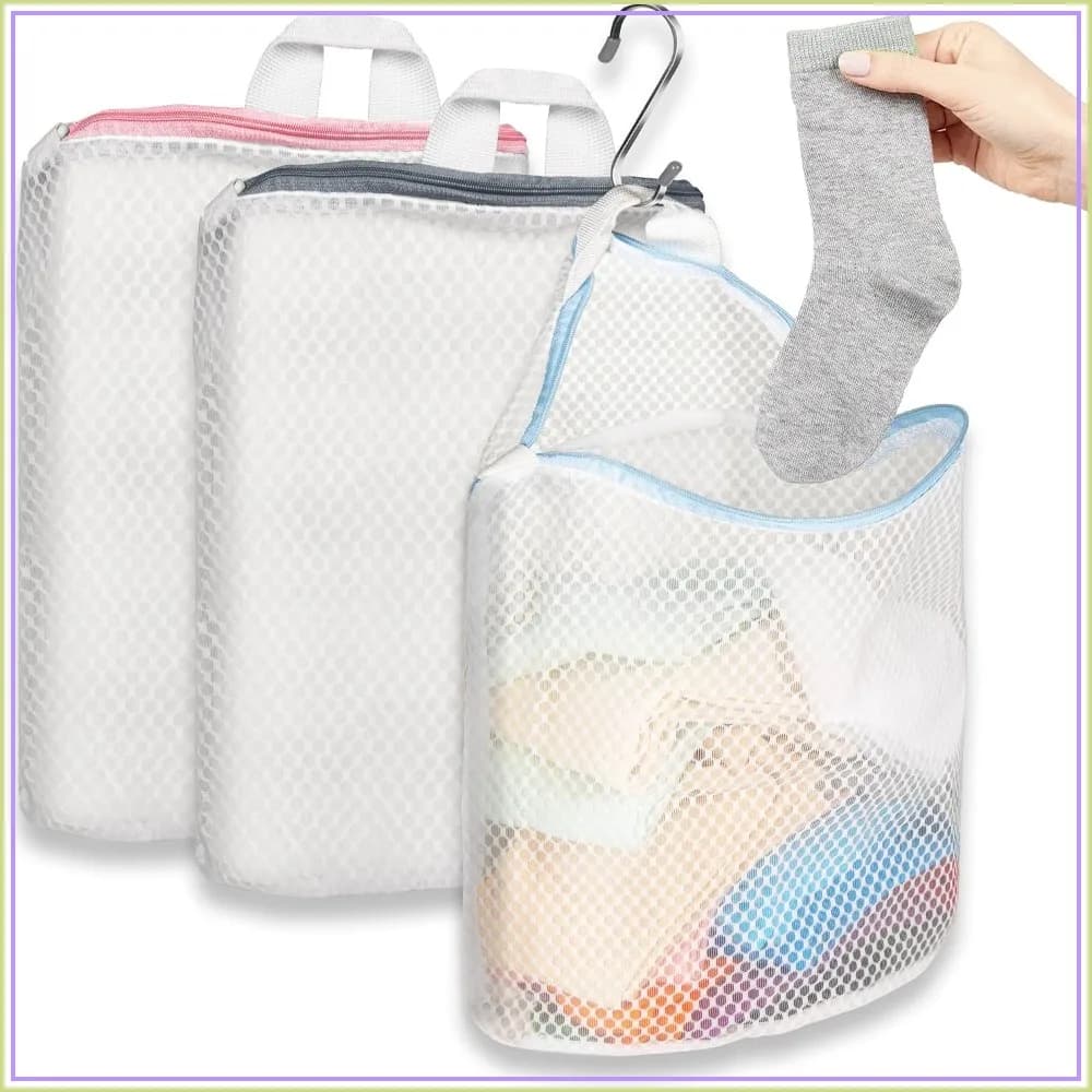 3Pcs Mesh Laundry Bags for Socks with S Hooks, 12x10 Inch, 3 Colors, Reusable Washing Machine Lingerie Bags