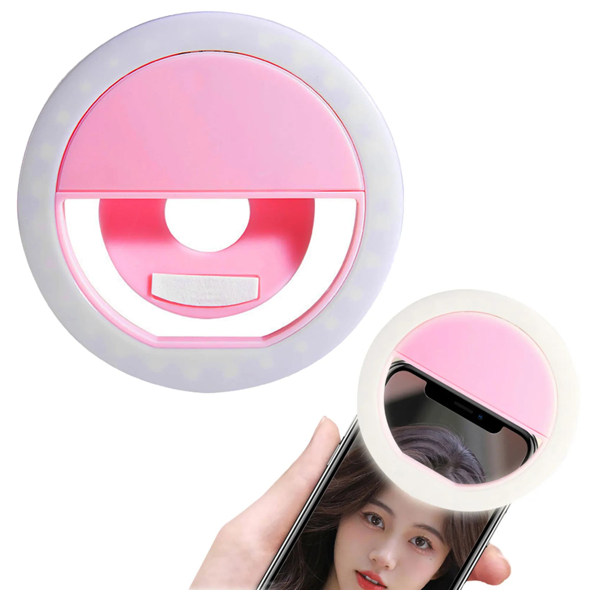 LED selfie light ring with generic clip. Universal and portable with adjustable brightness, rechargeable at 3 adjustable light levels