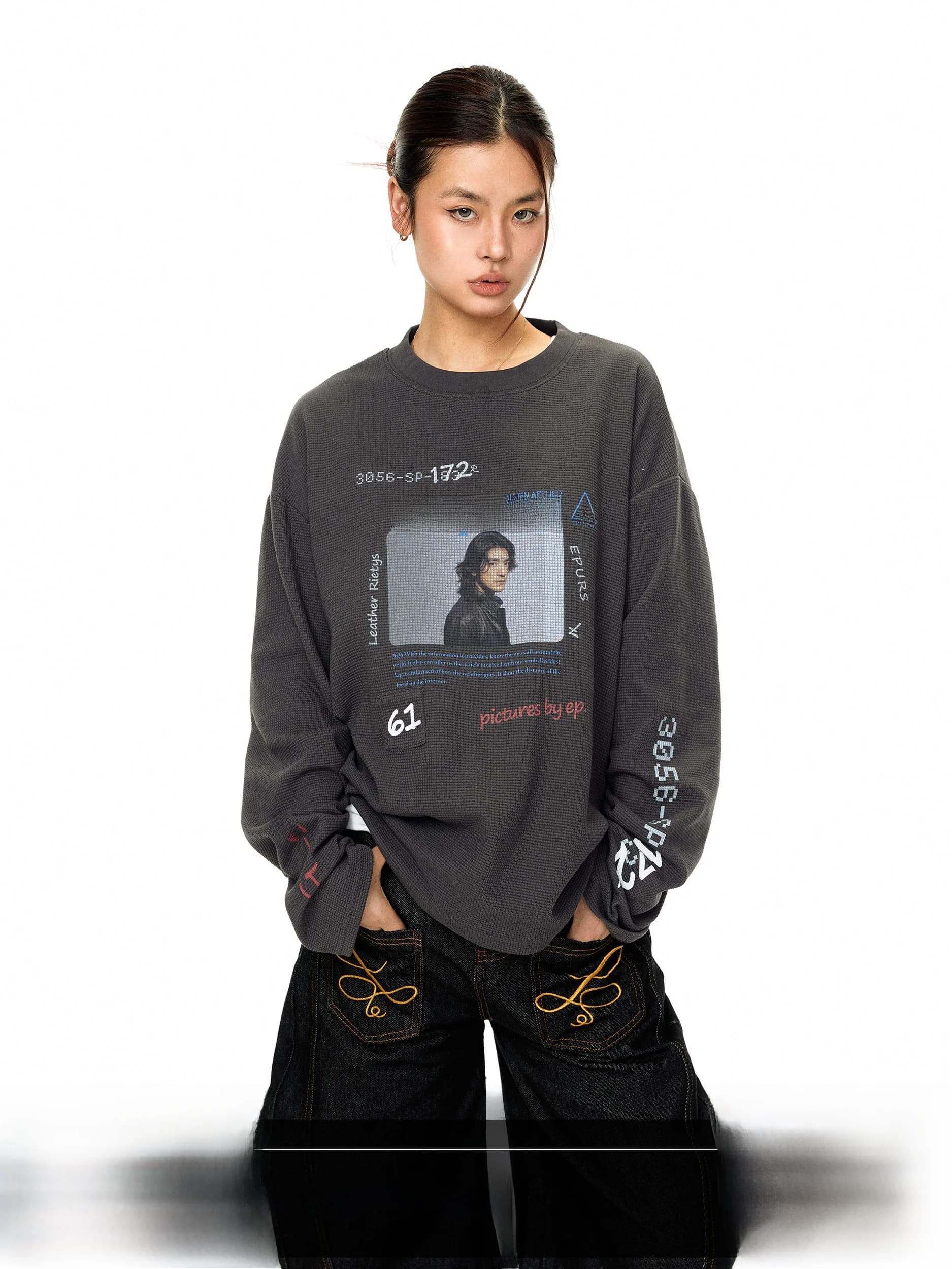 Blackbb Retro Waffle Pattern Printed Loose Fit round Neck Long Sleeve T-Shirt Women's American Style Casual Sweatshirt