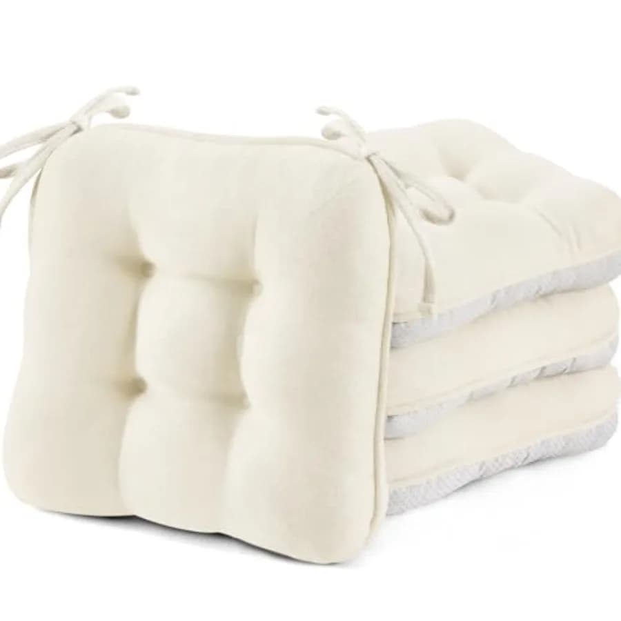 White Chair Cushions for Dining Chairs Set of 4, 3.5" Thick Kitchen Table Chair Pads with Ties, Non Slip Backing and Covers, Se