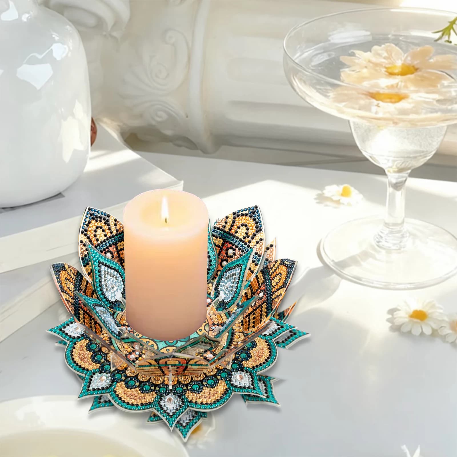 Portacandele Decorativo 5D Fai-da-Te con Diamanti, Supporto per Candele Tealight a Forma di Fiore per Centrotavola e Decorazione Casa