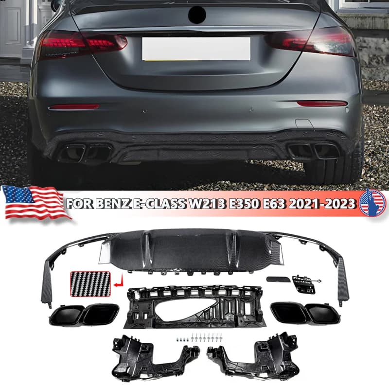 for Mercedes Benz E-class W213 2021 2022 2023 E200 E350 E450 Rear Bumper Diffuser Lip with Tailpipe Tips Upgrade E63s Style