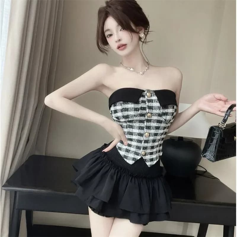 Y2k Spice Girl Summer set di due pezzi French Slash Neck Plaid Sexy Camis Top e Super minigonna Fashion Small Chic 2 pezzi abiti