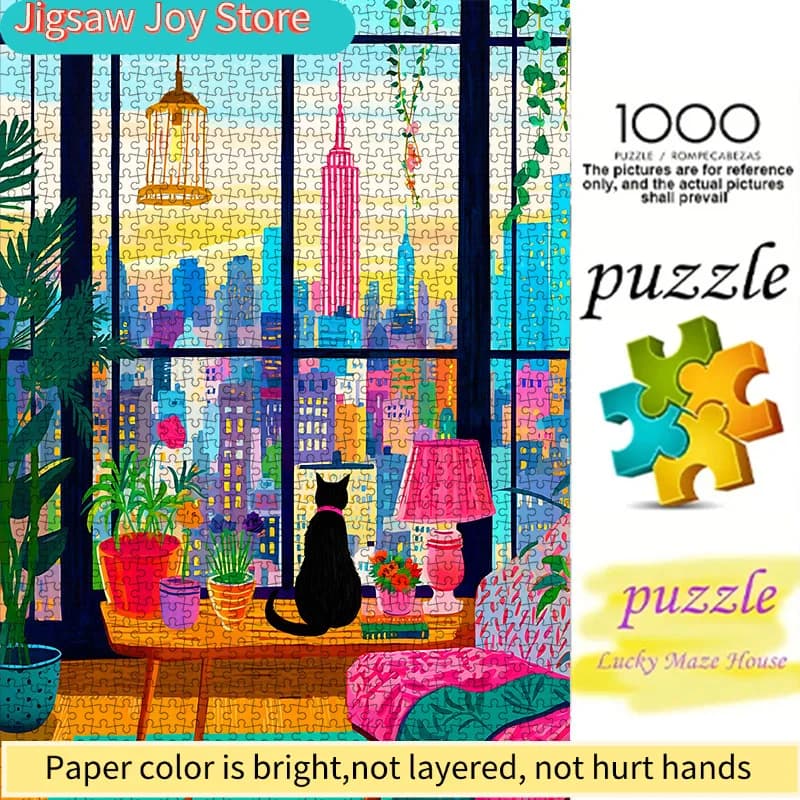 Puzzle di carta fai da te, vista notturna di New York, gatto, piante in vaso, materiale in cartoncino bianco di alta qualità, adatto per genitori e bambini