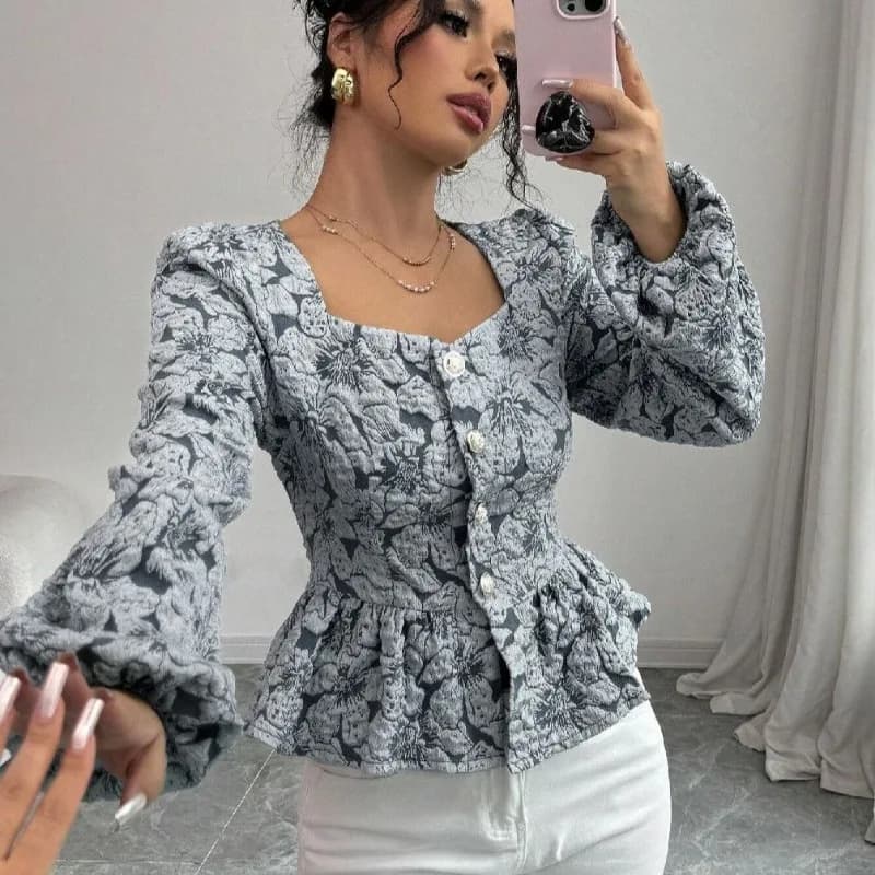 French autumn shirt New long sleeve floral shirt with square collar retro Top short