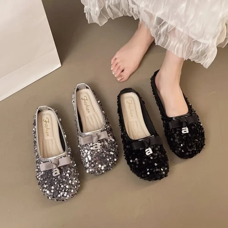 Shiny Sequin Slippers Women's Retro Style Flat Bottom Butterfly Knot Casual Summer Sandals Half Slip on Shoes Evening Breeze