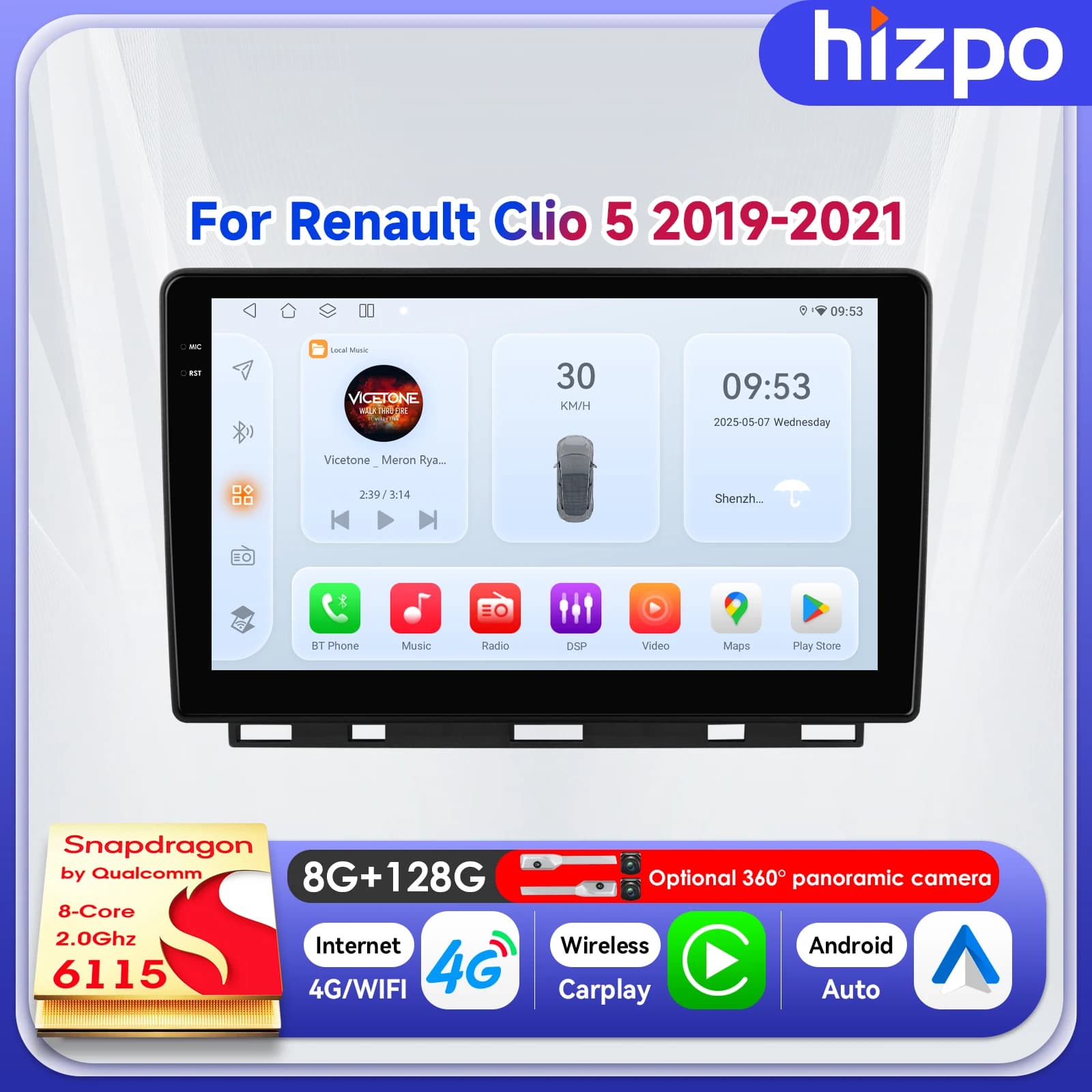 Hizpo Autoradio 9" con AI Vocale Android 14 per Renault Clio 5 2019-2021, Lettore Multimediale con Carplay, Navigazione, Schermo QLED, WIFI, ADAS