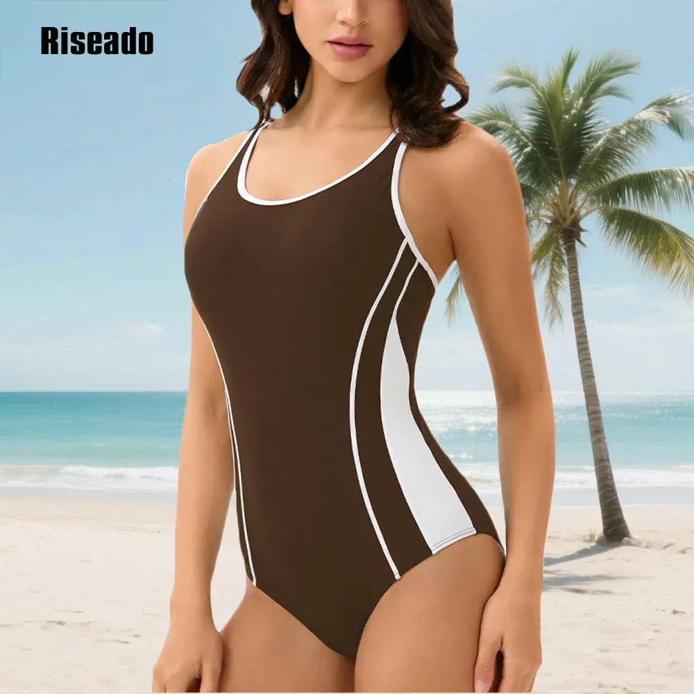 Costumi da bagno interi da donna con stampa color block, per allenamento sportivo, sexy, a vita alta, modellanti
