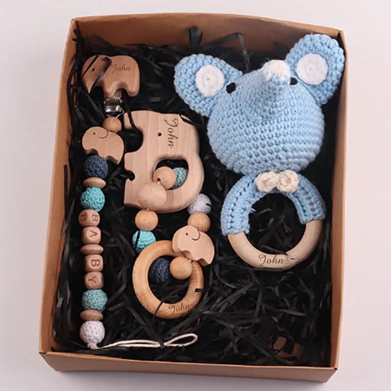 Set di giocattoli da bagno personalizzati braccialetto a catena con ciuccio elefante giocattoli intrecciati colorati in legno decorazione per Baby Shower regali per neonati