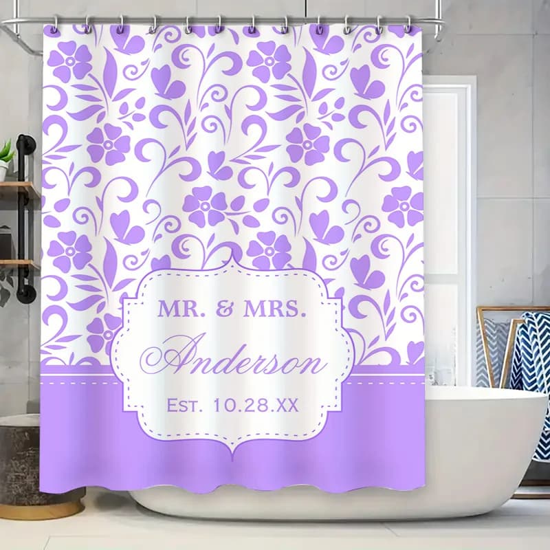Set di tende da doccia floreali viola personalizzate Set romantico Mr Mrs Nome Decor Est Data Accessori per decorazioni per la casa in lino da bagno personalizzabili