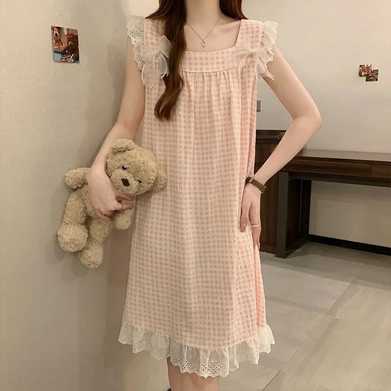 2XL Large Students Reticolo Reggicalze Night Shirt with Chset Pad Japanese Pastoral Style Girl Summer Pijama Woman Home Dress