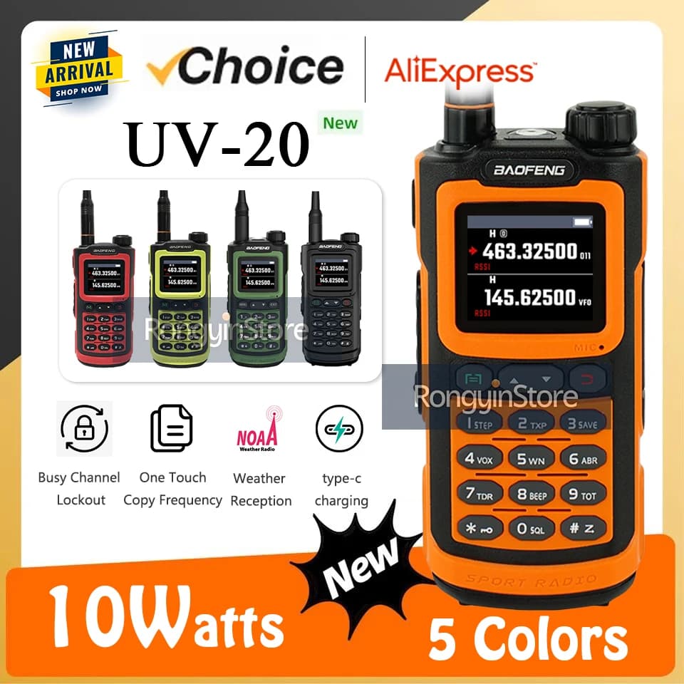 Baofeng UV-20 10W Walkie Talkie 50KM Radioamatore portatile a lungo raggio Quattro bande Frequenza di copia Carica USB-C impermeabile Radio a 2 vie