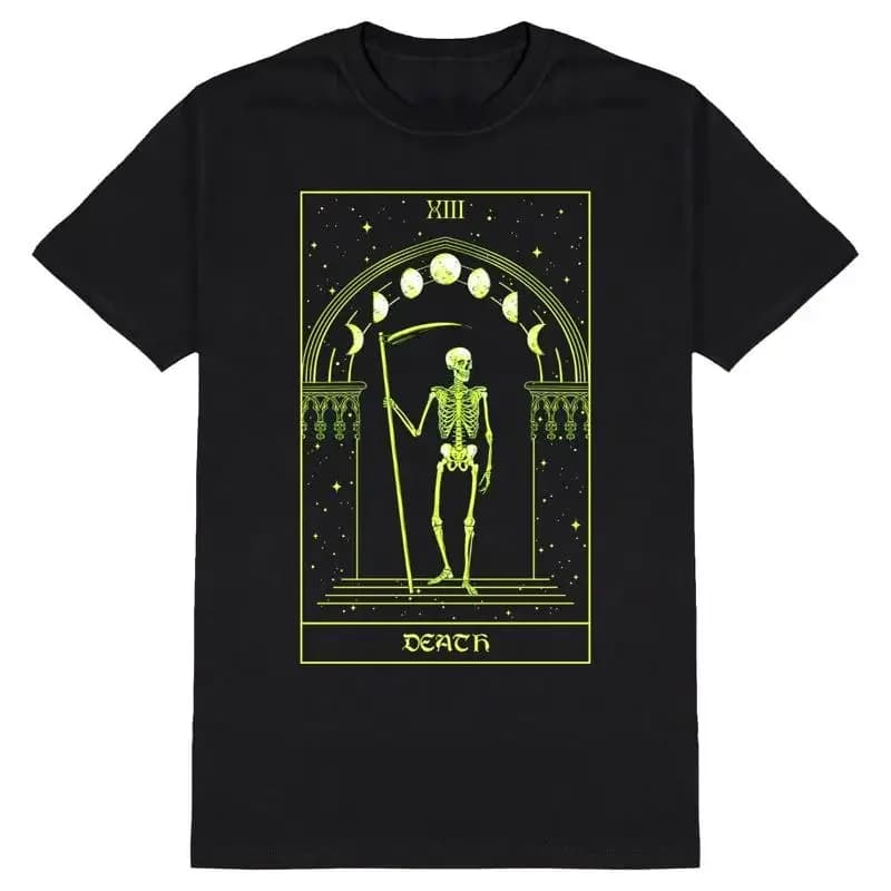 Maglietta con Carta dei Tarocchi della Morte, Abbigliamento Gotico da Uomo con Scheletro del Grim Reaper, Stile Horror