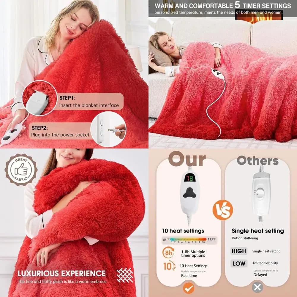 Coperta elettrica in pelliccia sintetica con 10 impostazioni di calore e 5 timer, regalo caldo ideale per le donne, vino rubino 50x60