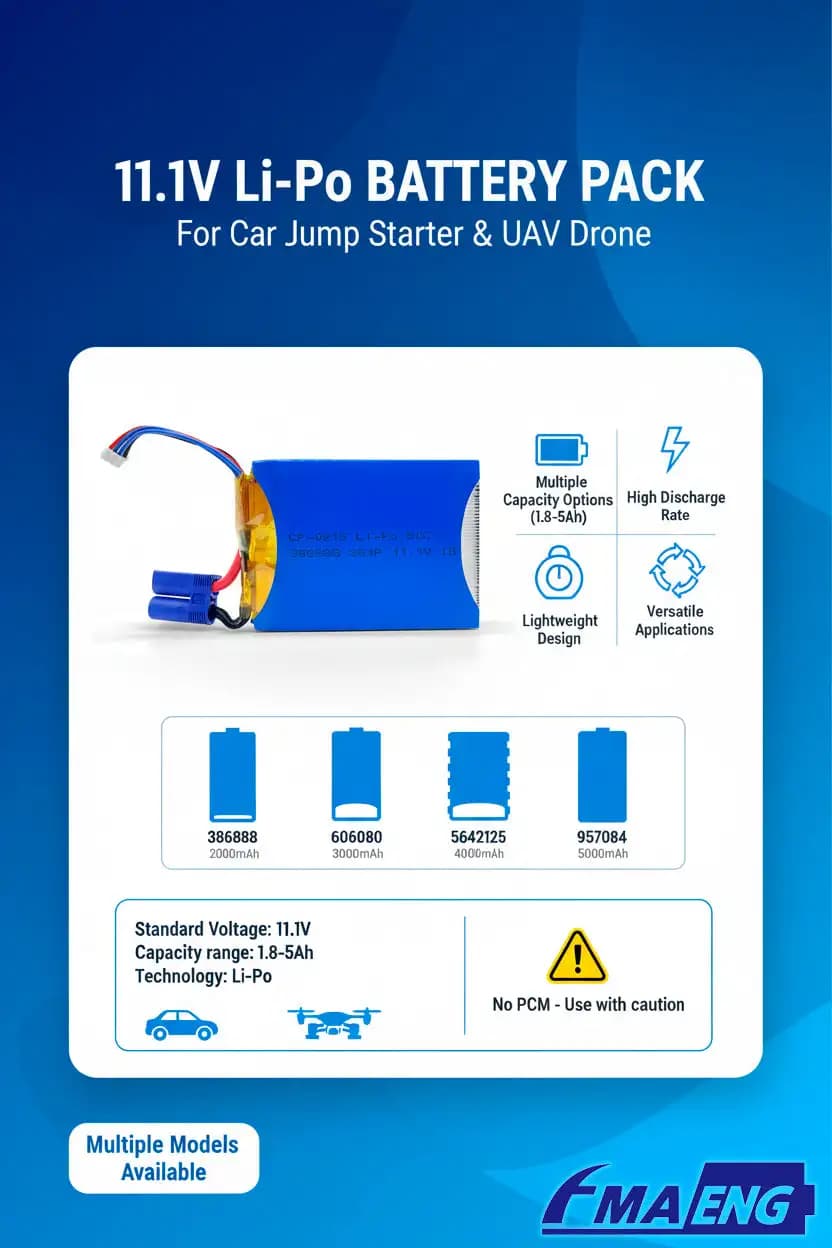 11.1V Li-Po Battery for Car Jump Starter UAV Drone 1.8-5Ah 386888 606080 5642125 4870140 7042125 957084 8054106