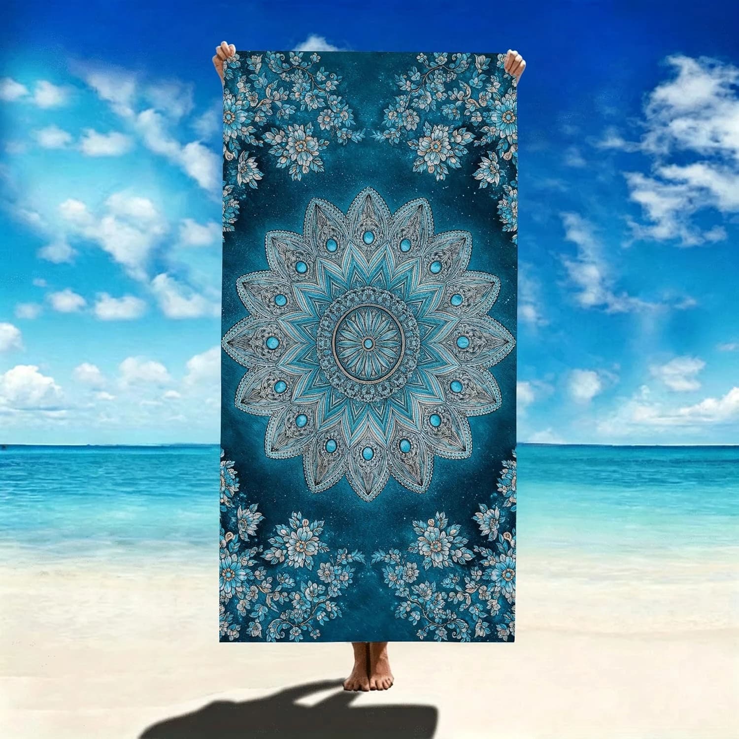 Telo Mare in Flanella VIKAMA Teal con Stampa Floreale Etnica Mandala, Coperta Boho Artistica, Tappetino Yoga da Viaggio per Esterni, Decorazione per la Casa e Regalo