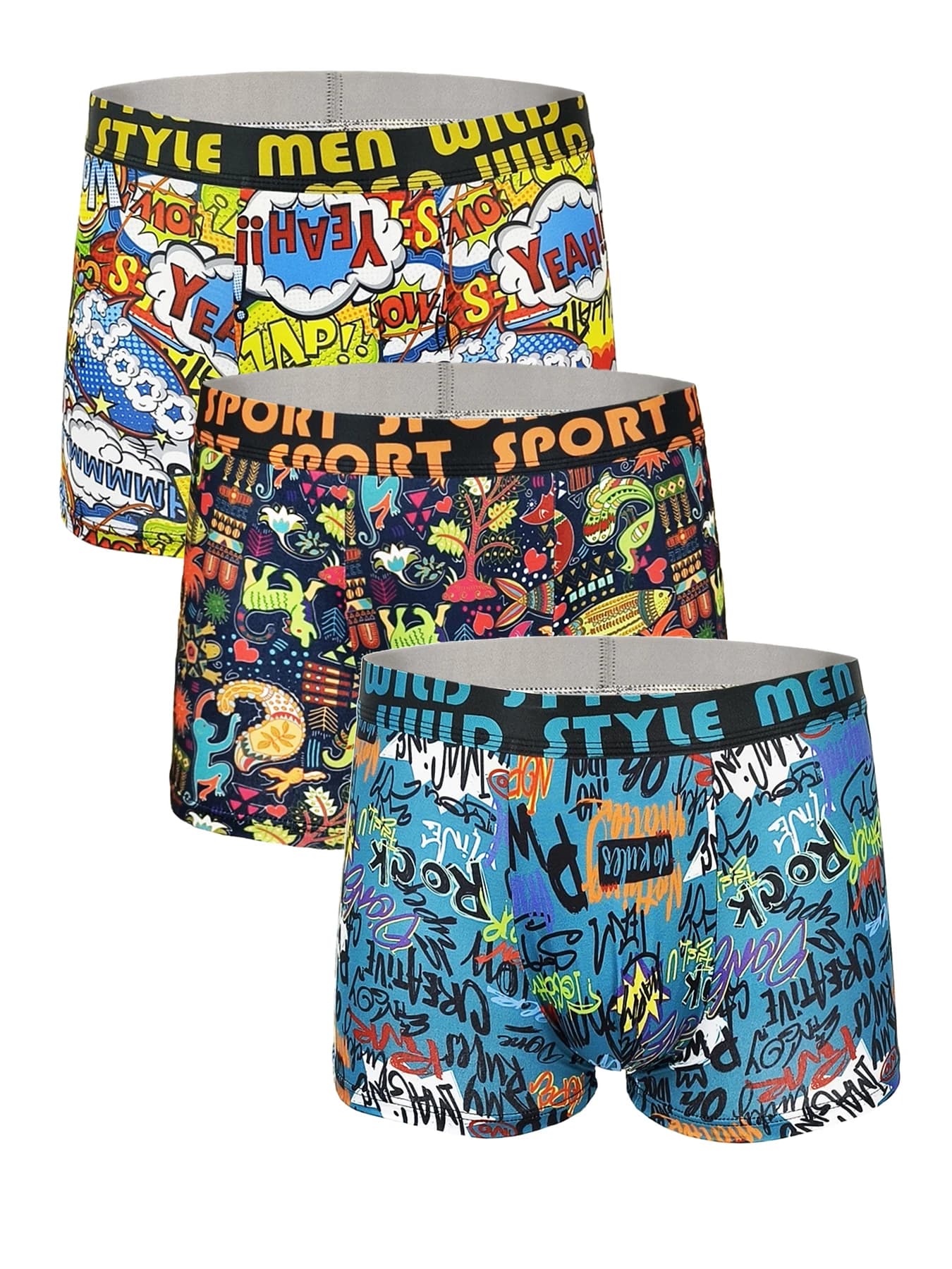 Confezione da 3 boxer in poliestere da uomo - Set di biancheria intima in colori assortiti con motivo Graffiti e fumetti pop art con cintura "STYLE da uomo".