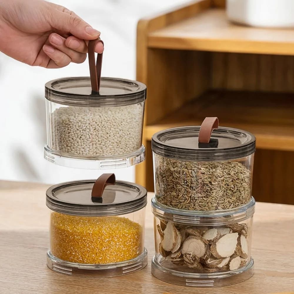 Contenitore per Spezie in Plastica Impermeabile, Barattolo Rotondo Trasparente Ermetico, Contenitore Impilabile Multistrato per Condimenti e Cereali