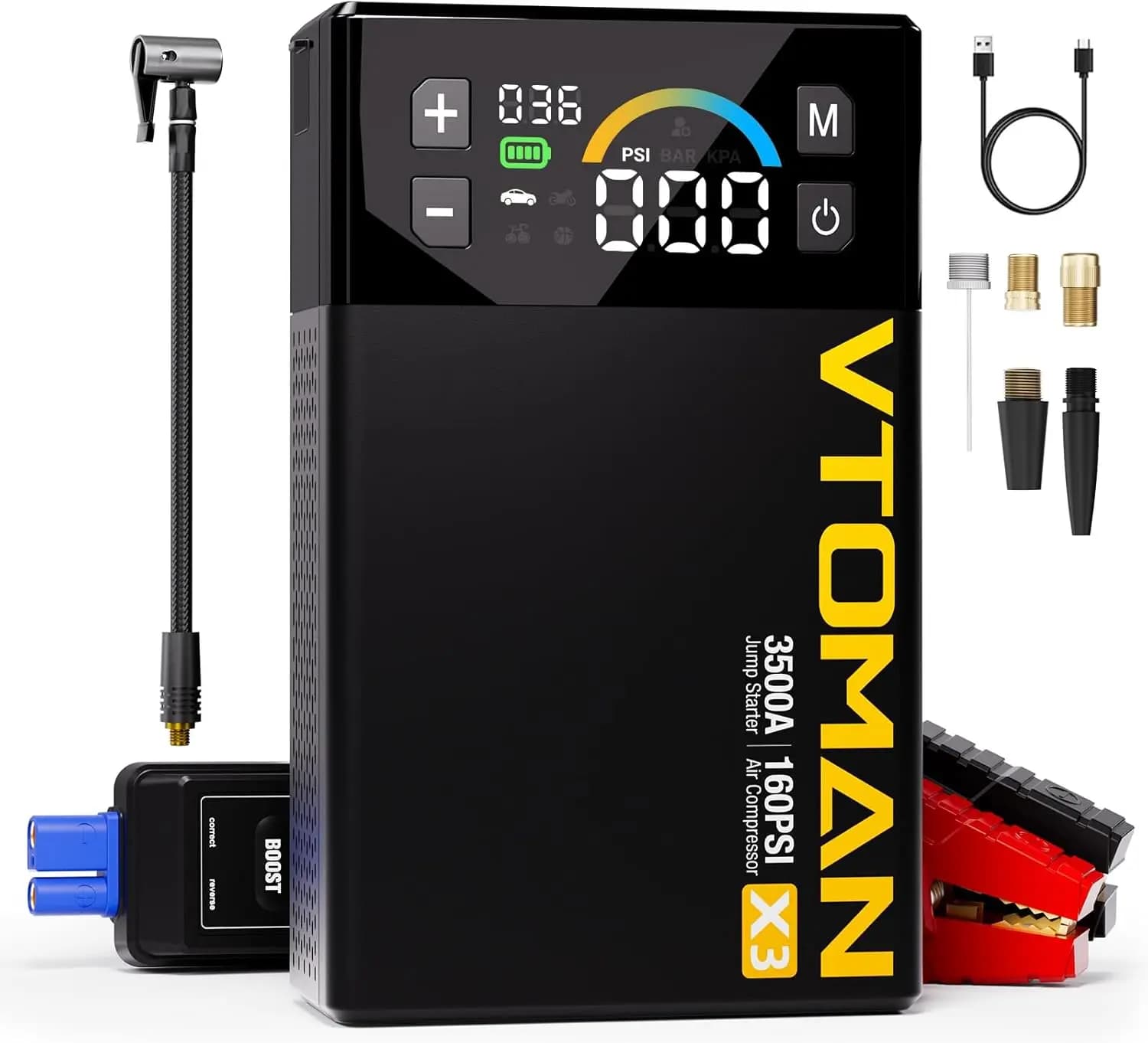 Avviatore di Emergenza Portatile 3500A con Gonfiatore Pneumatici 160PSI, Batteria al Litio 12V per Motori Benzina/Diesel