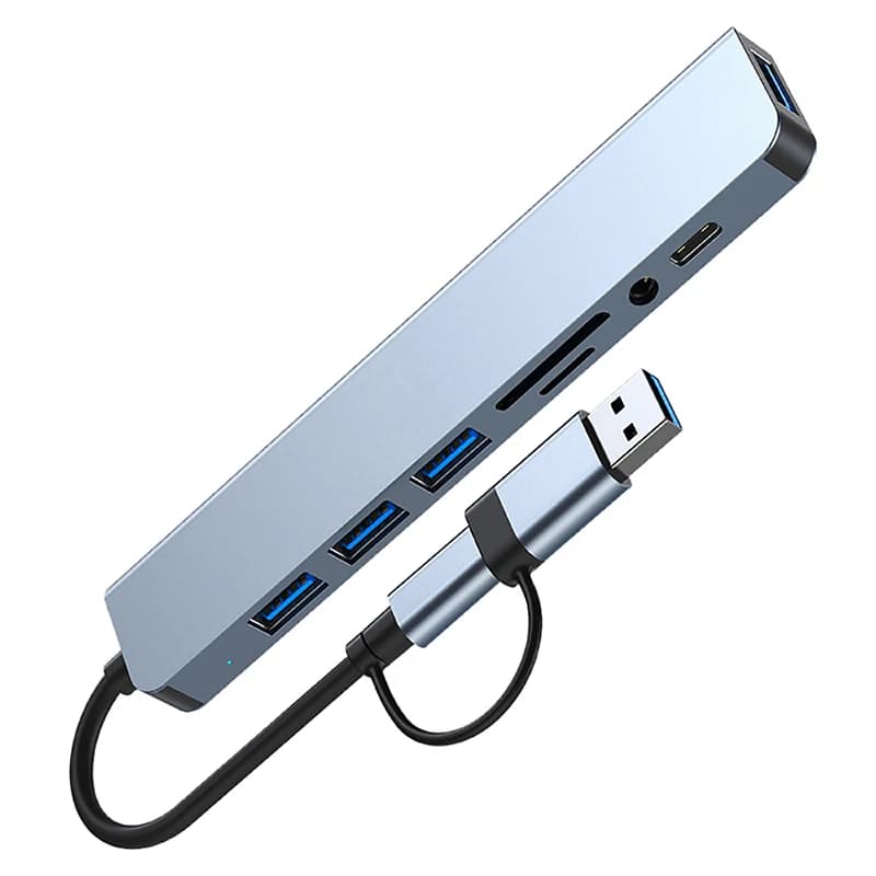 Hub USB C 8 in 1 USB 3.0, con 1 X USB 3.0, 3 X USB 2.0 e 1 X USB C, lettore di schede SD/TF, porte Aux da 3,5 mm Splitte USB in alluminio