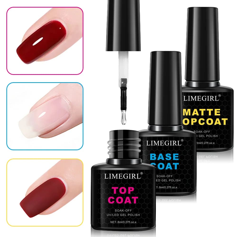 LIMEGIRL 8ml Soak Off Opaco Top Coat Base per Unghie Smalto Gel UV Semi Permanente Funzionale Manicure Top Base Coat Vernice