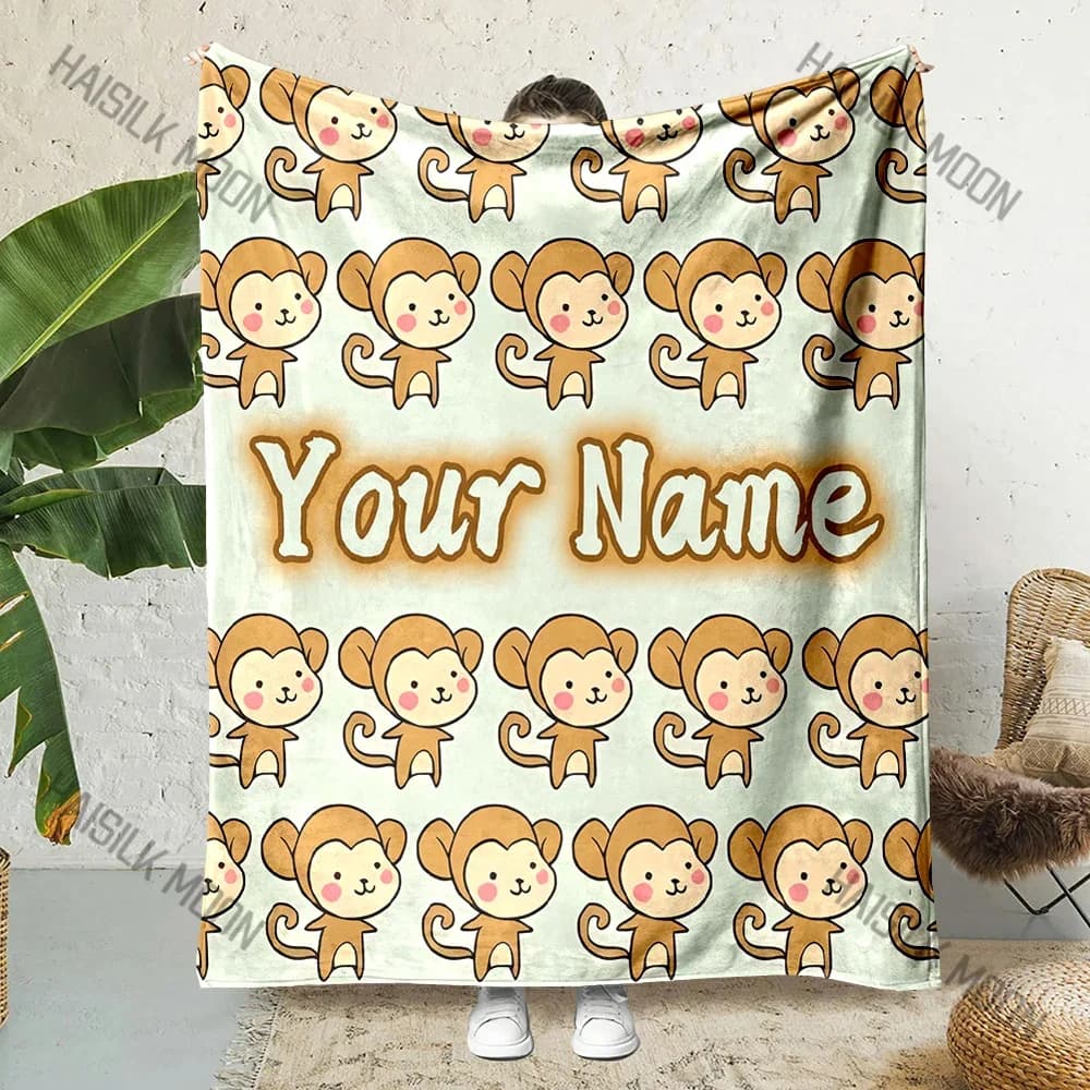 1PC Nome personalizzato Coperta personalizzata Simpatico scimmia Stampa di cartoni animati Soffice morbida flanella Divano Coperta da pranzo per ufficio Regali deluxe