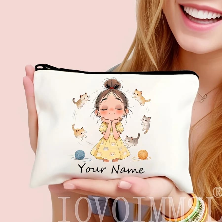 Personalized Name Cosmetic Bag Custom Cute Girl Kitten Yarn Ball Print Zipper Pouch Women Travel Makeup Storage Purse Gift