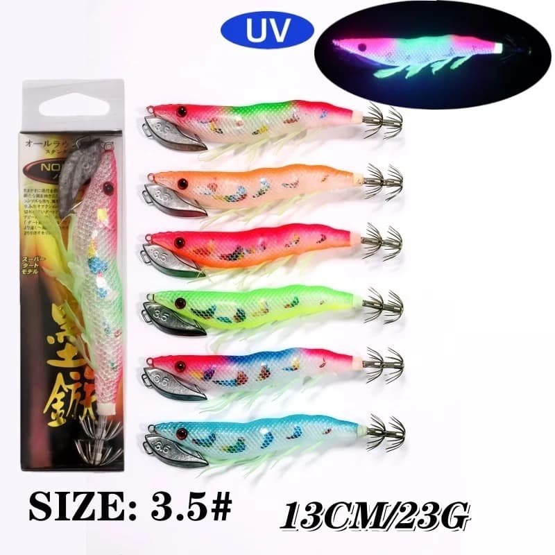 COME 1 pz Esca Dura Gamberetti Gancio Corone UV Glow Squid Maschere 23g Mare Richiamo di Pesca Set Seppie Artificiale Polpo