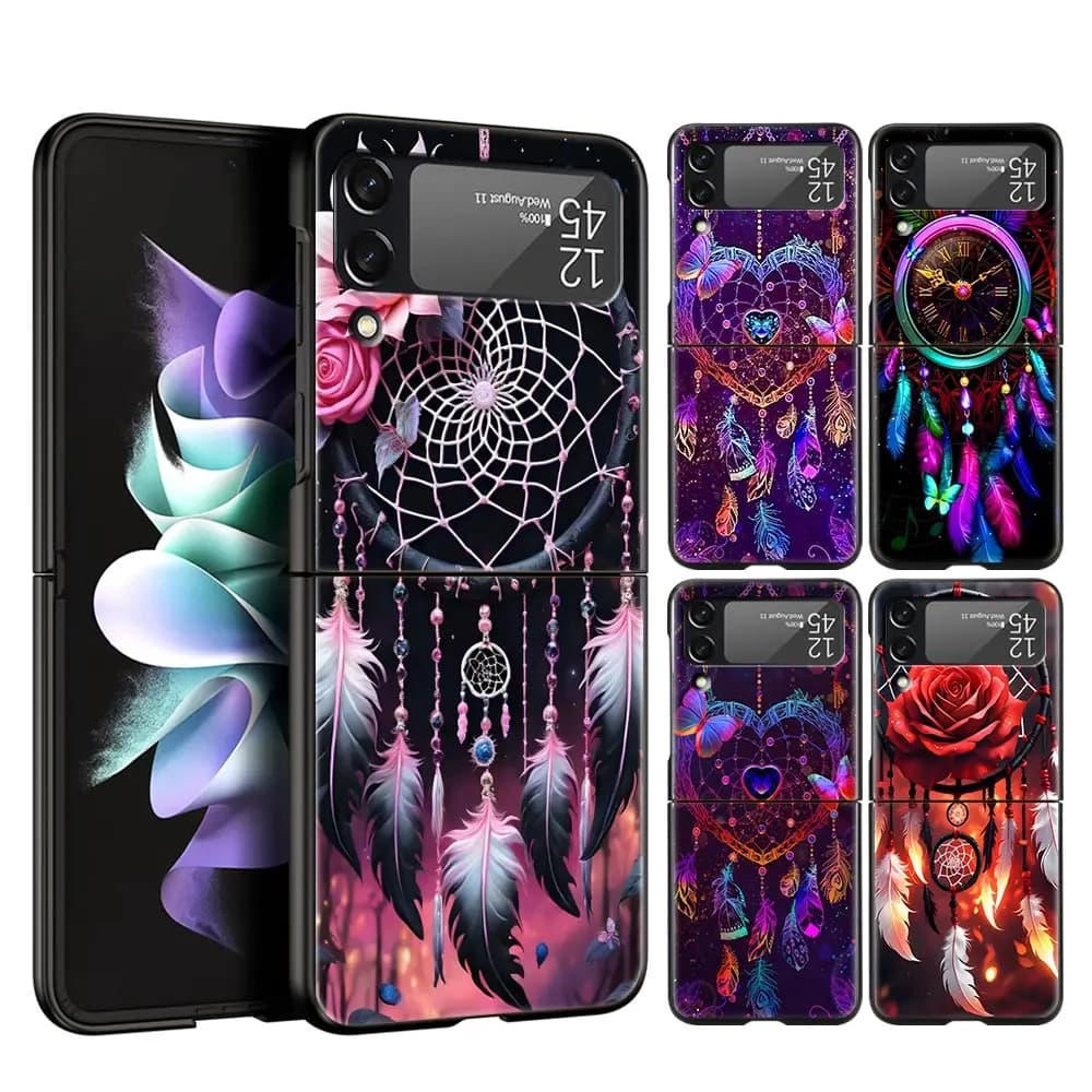 Hard PC Phone Case For Samsung Galaxy Z Flip 7 6 5 4 Black Cover For Galaxy Z Flip 3 Foldable Fundas Cute Mandala Dreamcatcher