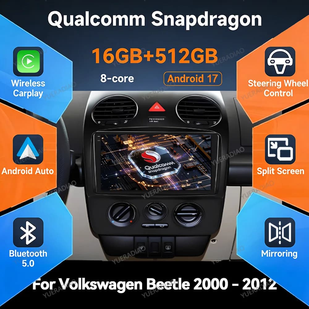 Android 17 Car Radio For VW Volkswagen Beetle 2000 - 2012 Qualcomm Multimedia Video Player Head Unit BT QLED 4G LTE 5G WIFI 2DIN