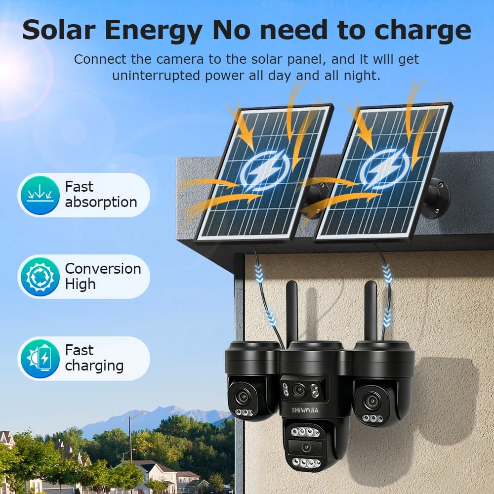 SHIWOJIA 20MP Solar Security Camera Outdoor 4-Lens 4-Screen PTZ AI Human Auto Tracking WiFi&4G IP Surveillance Camera HiEasy App