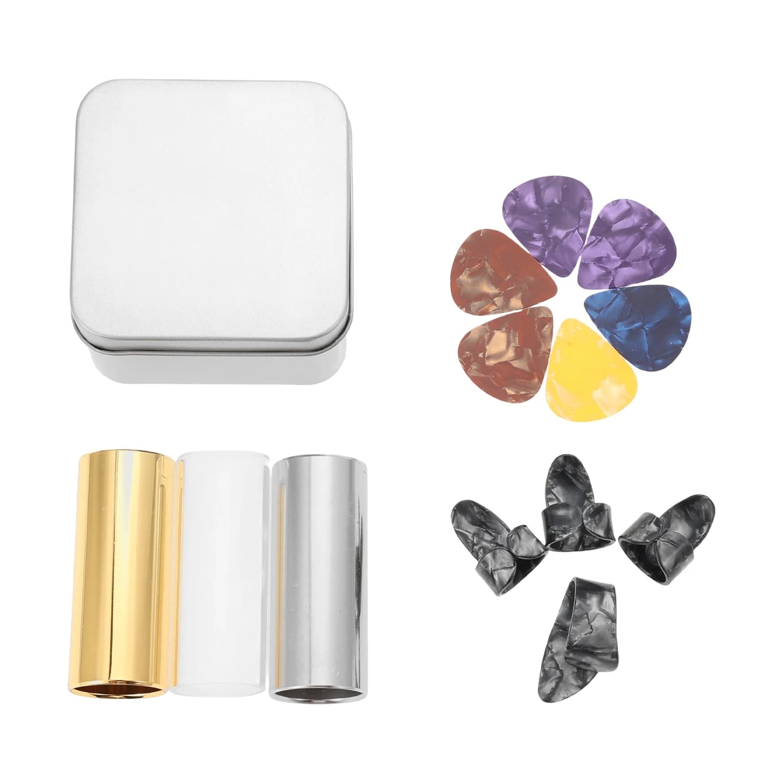 1 Glass Slides & 2 Steel Guitar Slide for Electric and Acoustic with 3 Finger Picks, 1 Thumb Pick, 6 Celluloid Pickups & Box