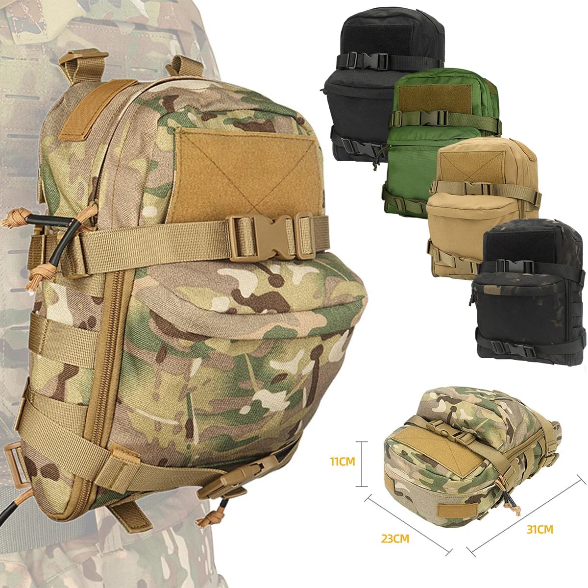 Zaino Tattico con Sacca Idratazione, Mini Pannello Posteriore, Borsa Acqua in Nylon, Tasca Molle, Gilet Leggero, Accessori Tubo, Zaino con Cerniera