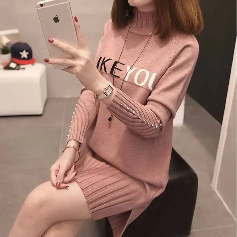 Le donne Maglia Maglione Pullover NUOVO Autunno Inverno Vestiti di Mezza Dolcevita a maniche lunghe Bead Medio lungo Maglione Maglione Femminile Magliette e camicette