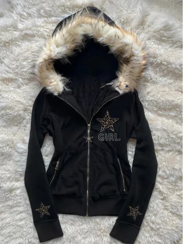 Felpa con cappuccio in pelliccia con cappuccio a stella leopardata nera vintage con cerniera frontale in pile Y2K Felpa con cappuccio streetwear Giacca con zip casual