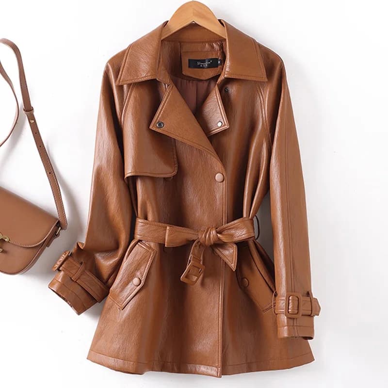 Trench corto da donna in pelle crosta nuova, colletto alla moda autunnale, doppio petto, vita sottile con cintura, cappotto in pelle casual