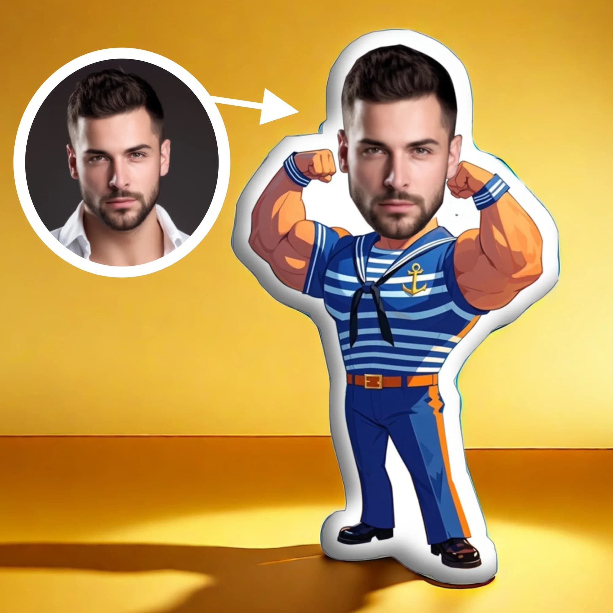 Cuscino personalizzato con volto di un personaggio muscoloso a tema marinaio – Il regalo perfetto sia per uomini che per donne
