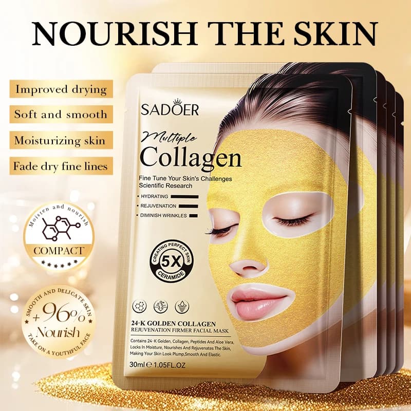 Set da 7 pezzi di maschera rassodante antirughe al collagene dorato, lussuosa maschera al collagene dorato per donne, idratante e nutriente, restringente i pori, maschera delicata per il controllo del sebo