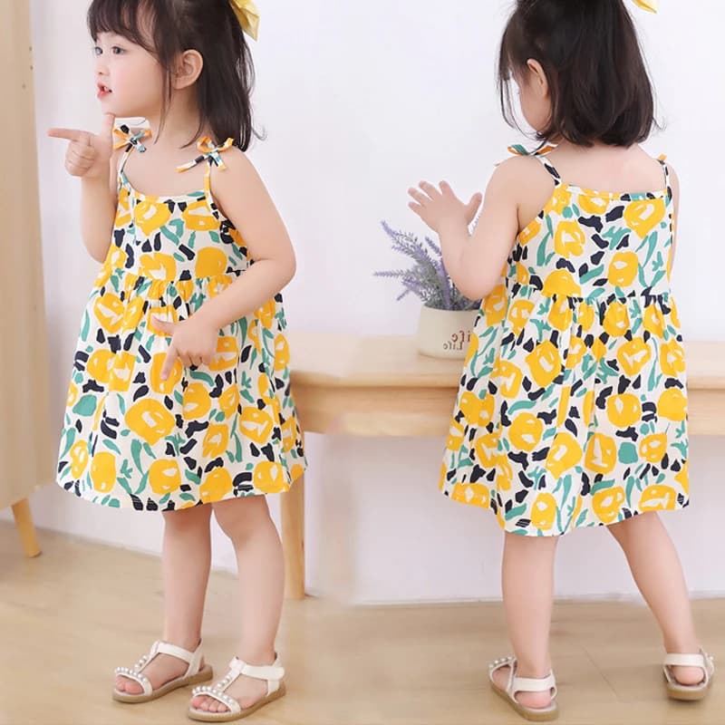 Abito estivo da ragazza senza maniche Vestito estivo per bambini Gonna stampata Moda Abbigliamento per ragazze Festa in spiaggia Abbigliamento per bambini Abiti da principessa