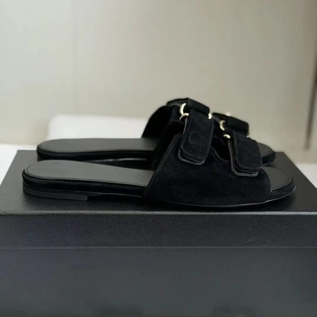 Women Black Suede Dual Adjustable Velcro Strap Slide Sandals Metal Buckle Flat Open Toe Slip On Mules Summer Slippers