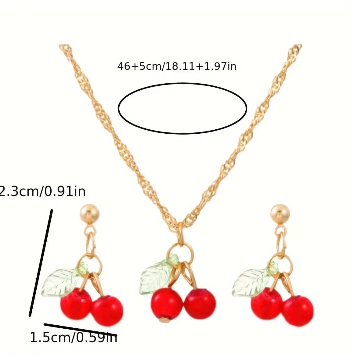 3-piece set, fashionable, exquisite, elegant and cute, casual style, cherry design, stud earrings, necklace combination set.