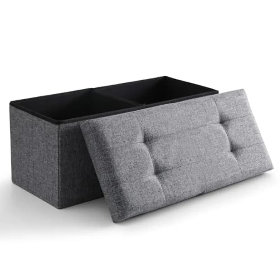 Panca contenitore pieghevole con poggiapiedi, panca per scarpe, contenitore per fondo letto con coperchio ribaltabile, spazio di archiviazione da 75L, 30 pollici, in lino