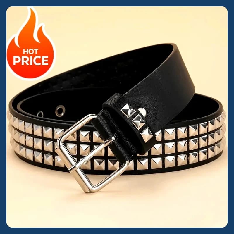 Set di Cinture Stile Punk con Borchie, Fibbia Quadrata in Acciaio Inox, Cintura Decorata con Borchie Piramidali in Pelle PU per Uomo e Donna