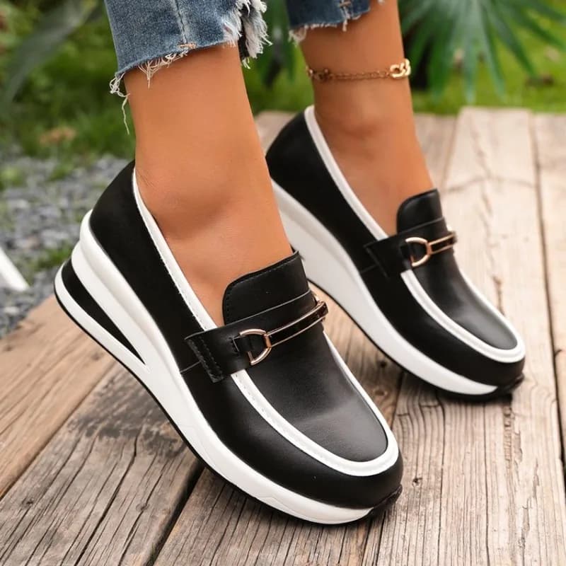 Women's Loafers Round Toe Wedge Heel Smooth Leather-Look Upper Metallic Hardware Strap Slip-On Classic Daily Platform Footwear
