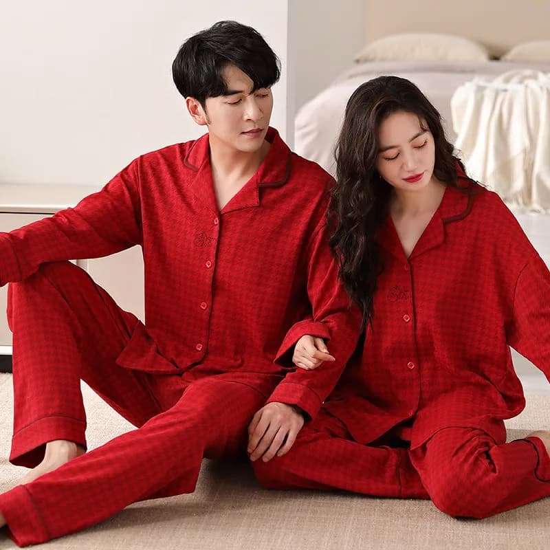 Colore rosso coppie indumenti da notte Cardigan in cotone indumenti da notte pigiameria sposato autunno primavera maniche lunghe vestiti per la casa Mujer Hombre Pjs