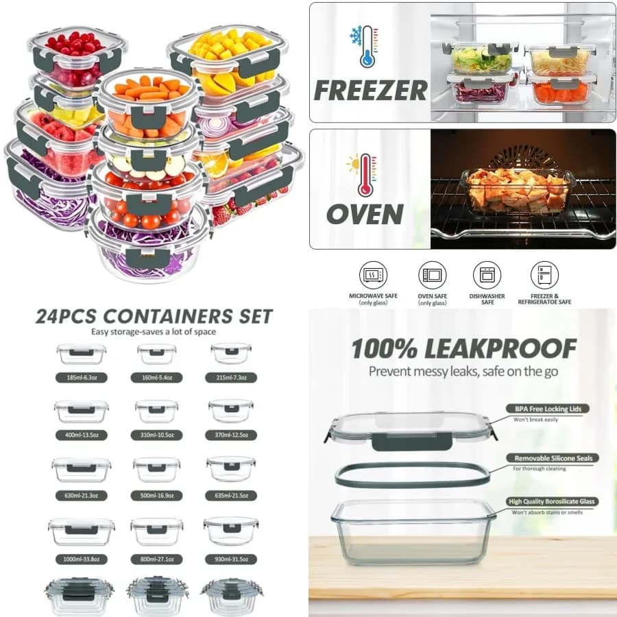 Set di 12 Contenitori in Vetro per Alimenti, Contenitori Ermetici in Vetro per Pranzo, Contenitori in Vetro per Preparazione Pasti con Coperchi, Esclusivi