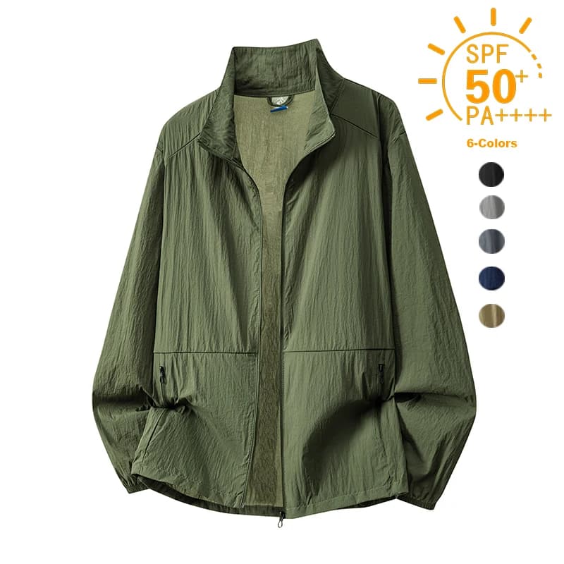 Giacca da Uomo Taglie Forti UPF50+ Protezione Solare Leggera Anti-UV per Escursionismo Pesca Outdoor Tinta Unita Collo Alto Antivento