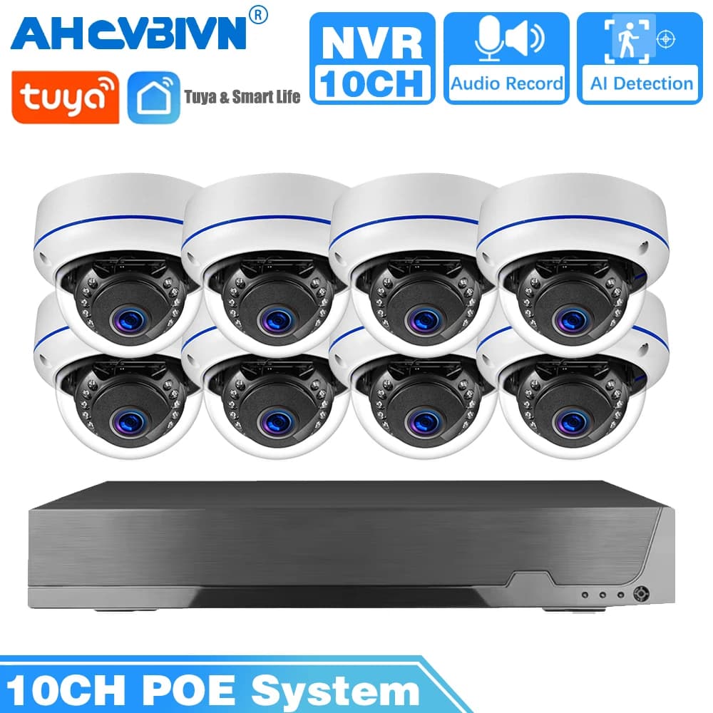 Sistema di sorveglianza CCTV intelligente 8CH Tuya 4K POE NVR Kit H.265 Rilevazione umana Sistema di telecamere dome POE di sicurezza video esterna da 8 MP